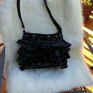 Black ruffled vegan leather purse 11 x 7
